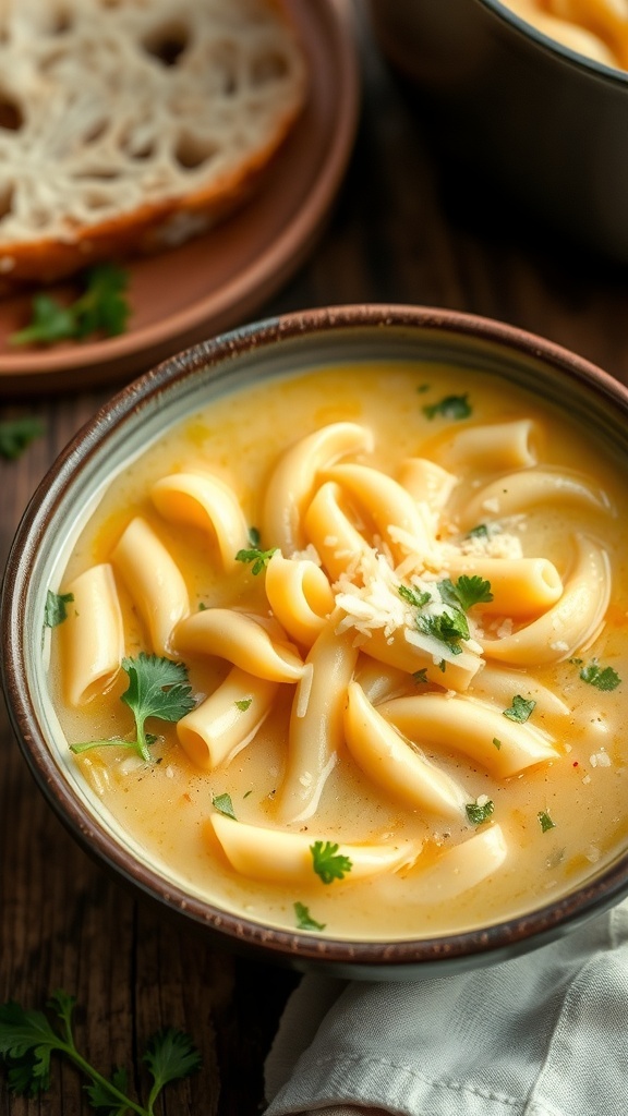 Creamy Parmesan Noodle Soup Recipe A bowl of creamy parmesan noodle soup with egg noodles and parsley on a wooden table with bread.